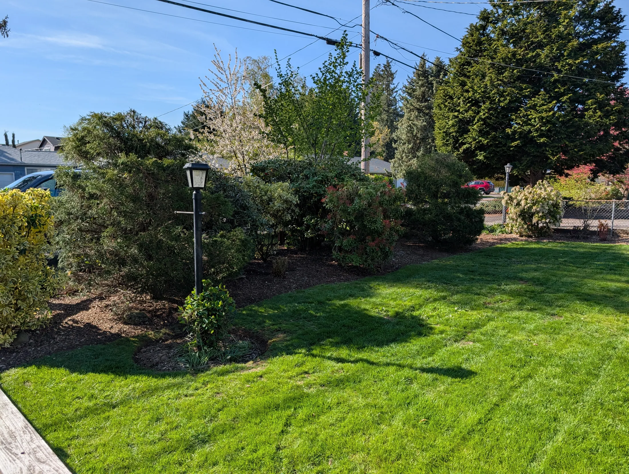 Green, healthy lawn and garden beds maintained on a regular watering schedule